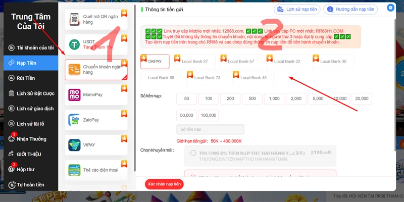 Nạp Tiền RR88 - Hướng Dẫn Thao Tác Với 5 Hình Thức Hiện Có 12 Chọn chuyển khoản ngân hàng và cổng nạp RR88